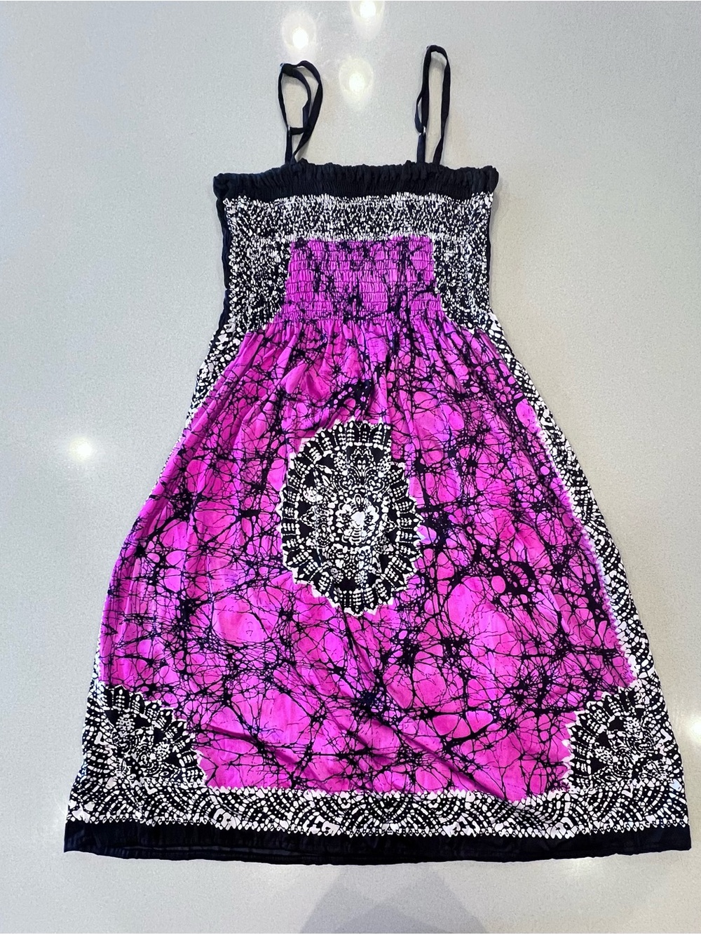 Silk Advance Apparels Hot Pink Black Printed Smocked Bodice Dress Adj Straps